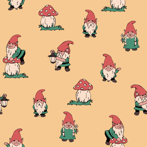 在黄色背景上重复带有花园侏儒的矢量图案。简单的手绘精灵墙纸设计。装饰的夏季时装纺织品。图片下载