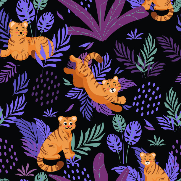 明亮的夏季热带无缝模式。可爱的老虎，棕榈叶矢量插画卡通风格。婴儿室，海报，织物上的印花。国际老虎的一天。2022年中国新年。图片下载