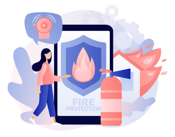 防火概念。火灾报警。有防火智能手机应用的小女人，消防员救助者。现代平面卡通风格。矢量插图上的白色背景图片下载