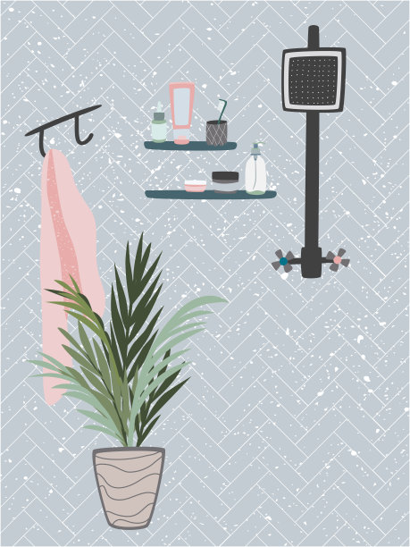 现代舒适的浴室室内概念与化妆品和室内植物。时尚设计矢量图图片下载