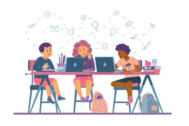 孩子们坐在书桌前在网上学校学习图片下载