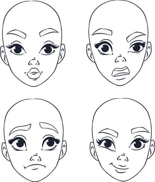 光头女孩与不同的情绪设置剪贴画图片下载