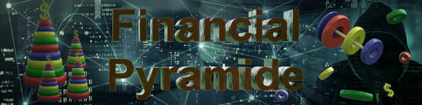 一个儿童金字塔的飞行环上有一个美元的符号和整个玩具在一个黑色的背景上有一个黑客面具和题词金融金字塔。3 d渲染。图片下载