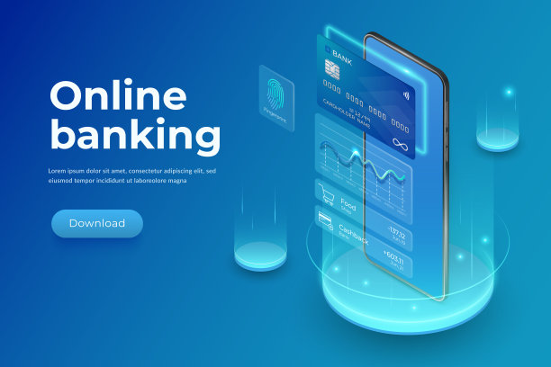 逼真的智能手机，塑料信用卡和界面元素。网上银行的概念。手机银行登陆页上的蓝色背景图片下载