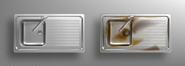 清洁和生锈的金属厨房水槽与水龙头图片下载