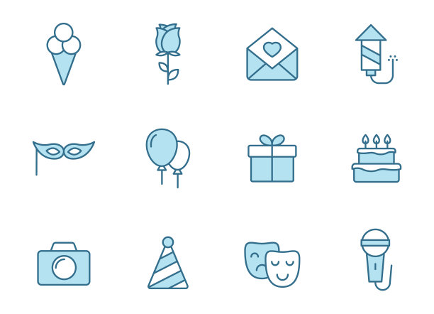 线矢量图标在两种颜色孤立的白色背景。生日聚会庆祝蓝色大纲图标设置为网页设计，ui，移动应用程序和打印图片下载