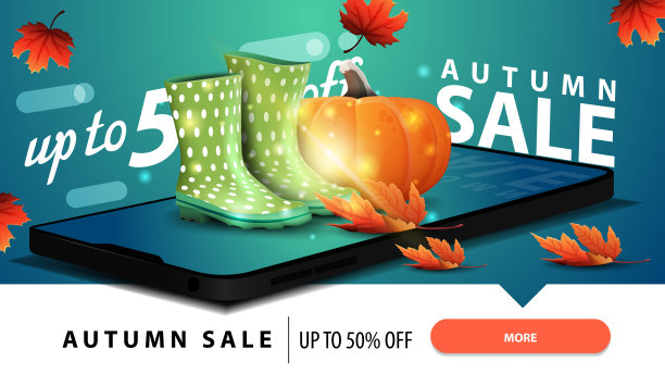 秋季销售，现代折扣网站横幅为您的网站与智能手机，橡胶靴和南瓜图片下载