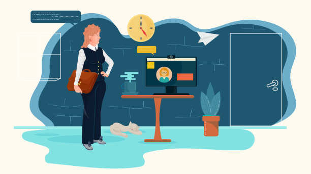 一个拿着公文包的女孩站在一张拿着显示器的桌子前，用扁平化的方式进行设计设计的交流对话图片下载