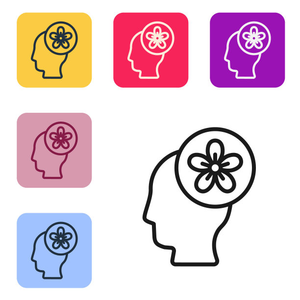 黑线人的头部和花内的图标孤立在白色的背景。设置图标的颜色方形按钮。向量图片下载