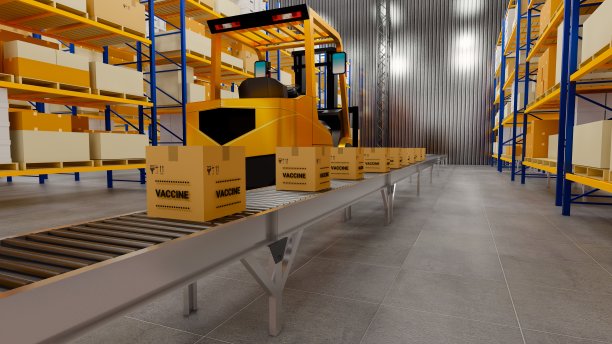 仓库内的托盘架，物流中心的纸箱。现代仓库阁楼。仓库传送带上的纸板箱，3D渲染图片下载