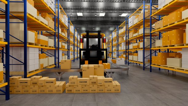 仓库内的托盘架，物流中心的纸箱。现代仓库阁楼。仓库传送带上的纸板箱，3D渲染图片下载
