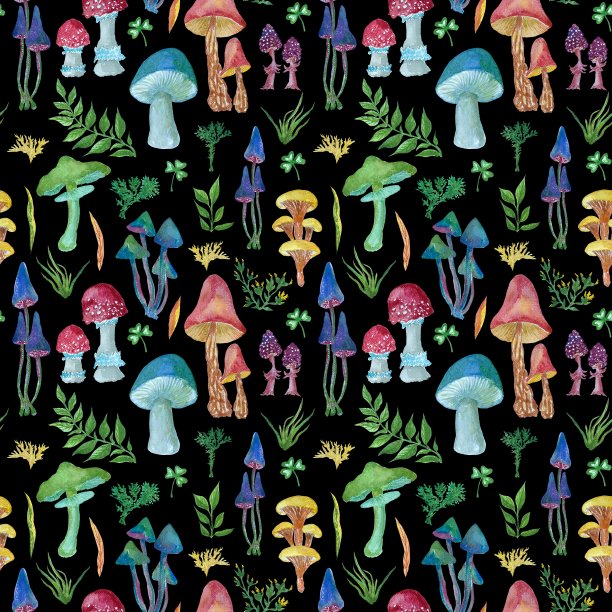 五彩蘑菇，水彩无缝图案图片下载
