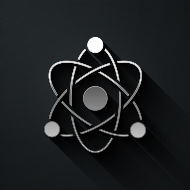 银色原子图标孤立在黑色背景上图片下载