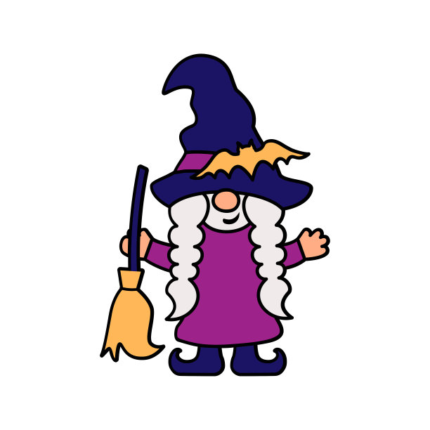 万圣节女孩侏儒，女巫与扫帚在白色的背景。矢量插图。图片下载