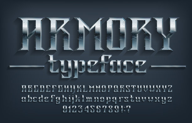 军械库字母字体。刻痕金属复古字母，数字和符号。大写和小写字母。图片下载
