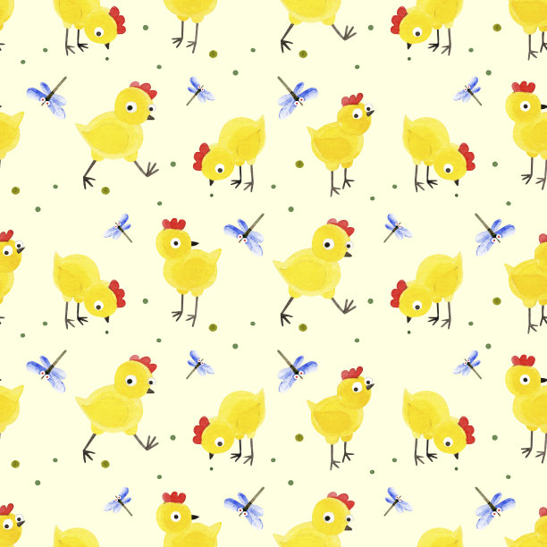 复活节鸡和蜻蜓的无缝图案。手绘水彩纹理与鸟类在黄色的背景。适合纺织品，包装，壁纸，剪贴簿，儿童设计。图片下载