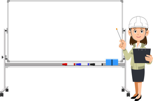 一名戴着头盔、穿着工作服的妇女用一根指针和一块白板讲解图片下载