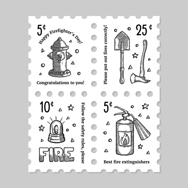消防队员和消防队员工具邮票边图片下载