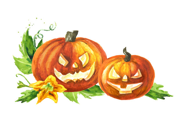 万圣节的南瓜，头上的杰克灯。手绘水彩插图孤立的白色背景图片下载