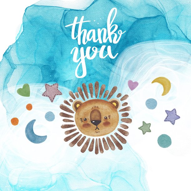 手绘水彩水墨蓝色抽象背景与狮子和感谢字母。用于海报，印刷，卡片，明信片，传单，纺织品，婴儿淋浴，书，问候，聚会，庆祝图片下载