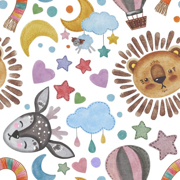 水彩可爱的宝宝淋浴狮子鹿无缝图案孤立在白色的背景。用于海报，印刷，卡片，明信片，邀请，生日，聚会，庆祝，纺织品，壁纸，婴儿书图片下载