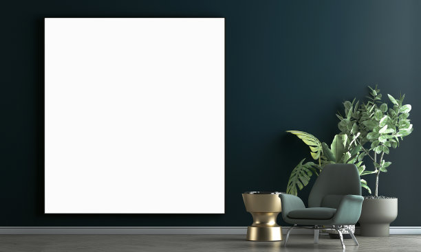 现代客厅内饰和绿色扶手椅和空帆布框架上的蓝色墙壁纹理背景图片下载