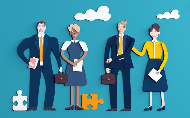 背景用纸做成的商人。商人们在谈论和谈判这笔交易。剪纸设计3D效果图图片下载