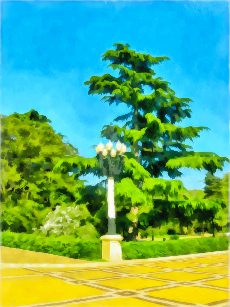 水彩城市景观。城市公园，铺着瓷砖的小路。以冷杉树为背景的街灯。旅游和度假的概念。数字绘画插图。水彩绘画图片下载