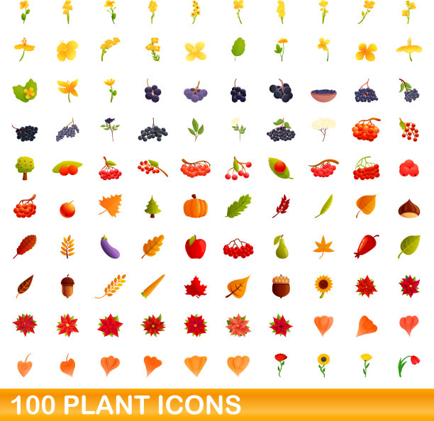 100个植物图标设置卡通风格图片下载