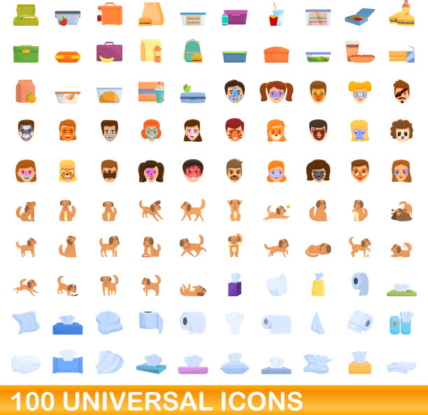 100个通用图标设置卡通风格图片下载
