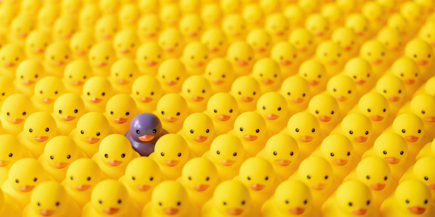 一大群黄色橡皮鸭排成整齐的行列，一只与众不同的紫色鸭子从人群中脱颖而出。图片下载