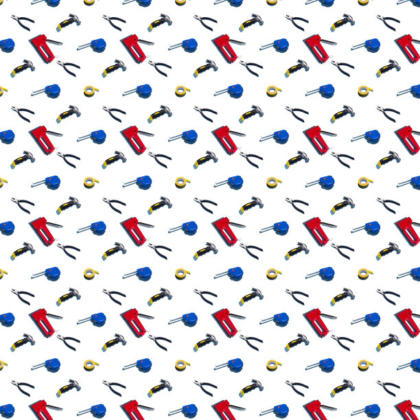 锤子，卷尺，管道胶带，钳子和订书机结构，白色背景上的图案。施工工具,维修。设计背景。图片下载