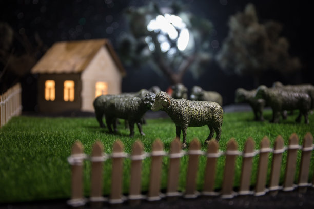 农场里的羊。农场(村)生活理念。晚上装饰玩具人物。有选择性的重点图片下载