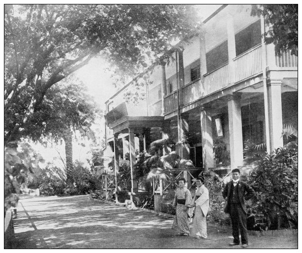 古董黑白照片:檀香山住宅和日本仆人，夏威夷图片下载
