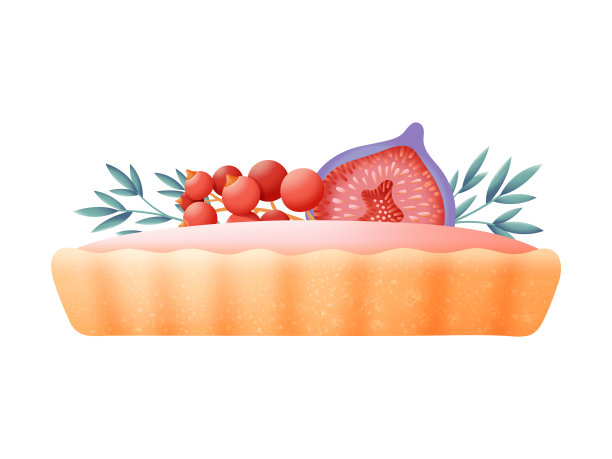 甜挞与浆果和水果矢量设计与粉红色奶油装饰新鲜无花果水果和红醋栗浆果图片下载