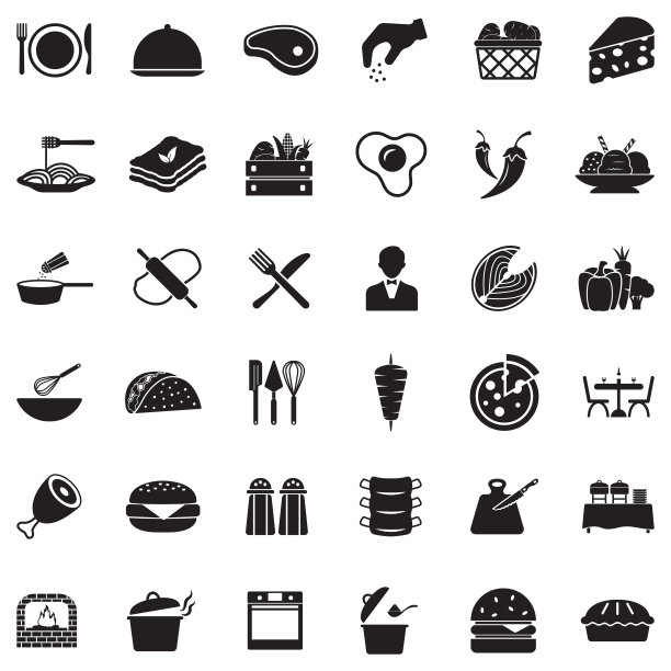 美食图标。黑色的平面设计。矢量插图。图片下载