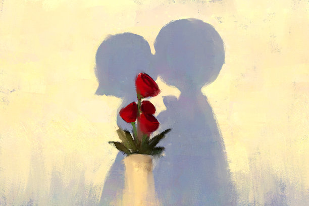 数字艺术油画花瓶玫瑰和情侣亲吻的影子，空白。图片下载
