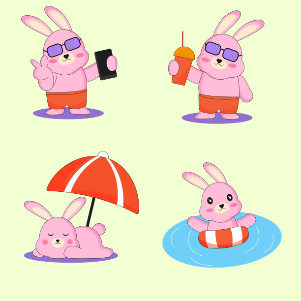 一套兔兔贴纸。海滩上的野兔。兔子在夏天。兔子selfies。兔子在游泳图片下载