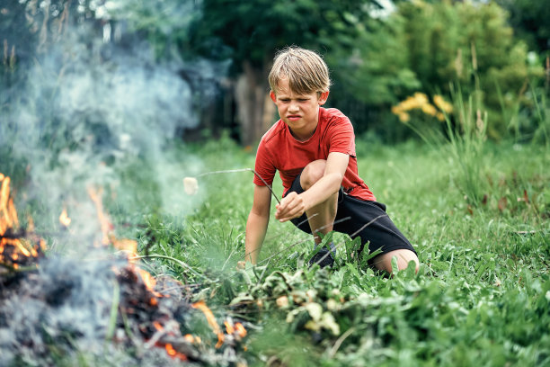 有趣的男孩在花园草坪上的篝火上烤棉花糖图片下载
