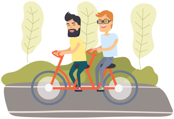 男孩们一前一后踩着踏板。快乐的男性角色在森林背景下的街道上度过空闲时间图片下载