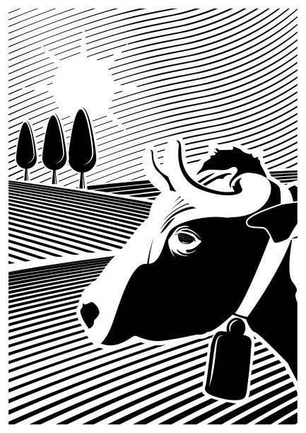 矢量插图的草地。在前景你可以看到一头奶牛。黑白两色。图片下载