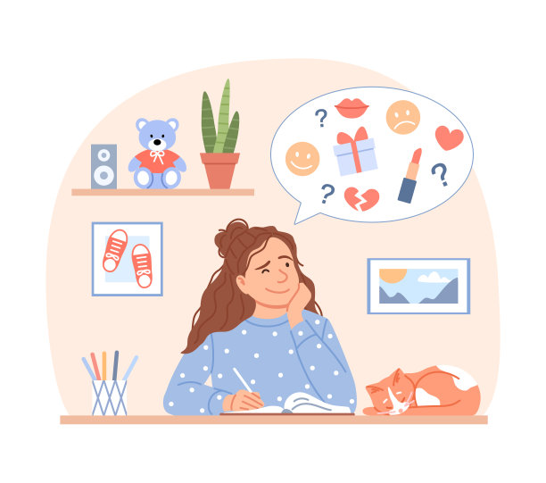 可爱的思考少女写日记计划或组织者的家庭背景概念。卡通年轻美丽的女士与睡觉的猫使创造性的绘画。女性休闲设计矢量插画。图片下载