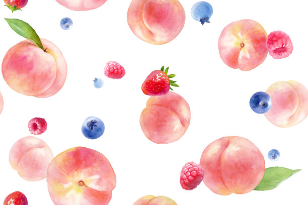 水彩画的混合新鲜桃子和浆果。无缝模式。墙纸。图片下载