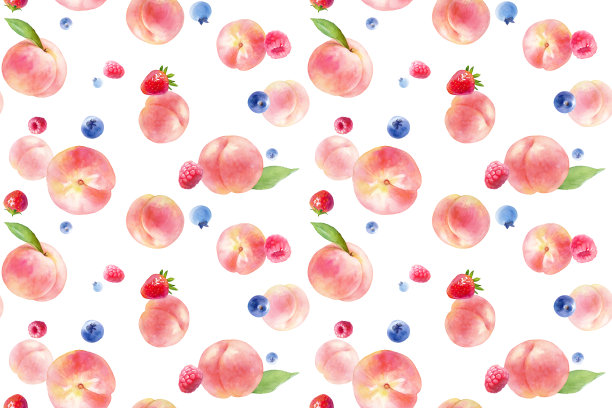水彩画的混合新鲜桃子和浆果。无缝模式。墙纸。图片下载