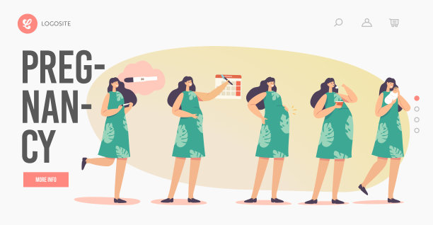 母性，女性角色怀孕阶段登陆页面模板。阳性测试，日历日期，正在长大的肚子图片下载
