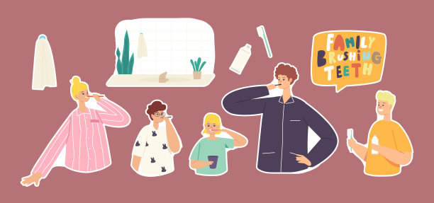 一套贴纸，快乐家庭刷牙。父母和孩子在浴室的口腔卫生。妈妈，爸爸和孩子们图片下载