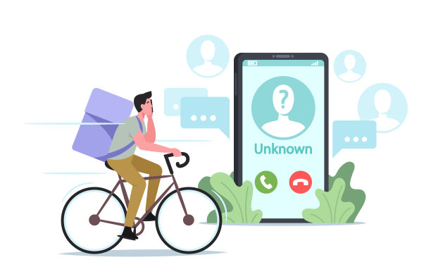 快递员男性角色用客户端智能手机发送未知号码的食物呼叫。咖啡厅或餐厅外卖图片下载