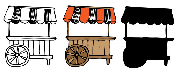 矢量孤立的有轨电车与条纹红白顶篷和车轮。一个食品店的一套手绘草图，以黑色轮廓和白色背景上的剪影作为设计模板图片下载