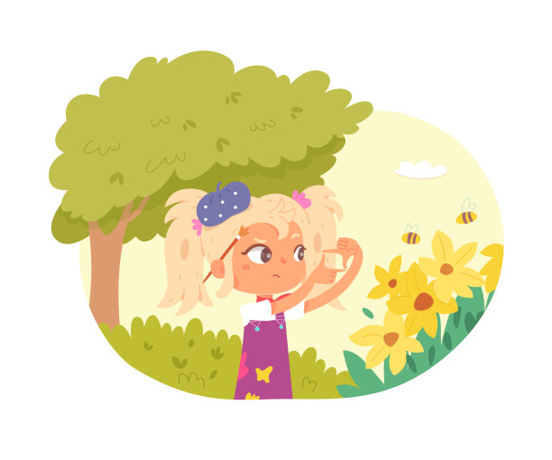 女孩艺术家计划户外绘画。小孩子用画笔看花，测量，准备画矢量插图。在夏季儿童活动中创造艺术图片下载