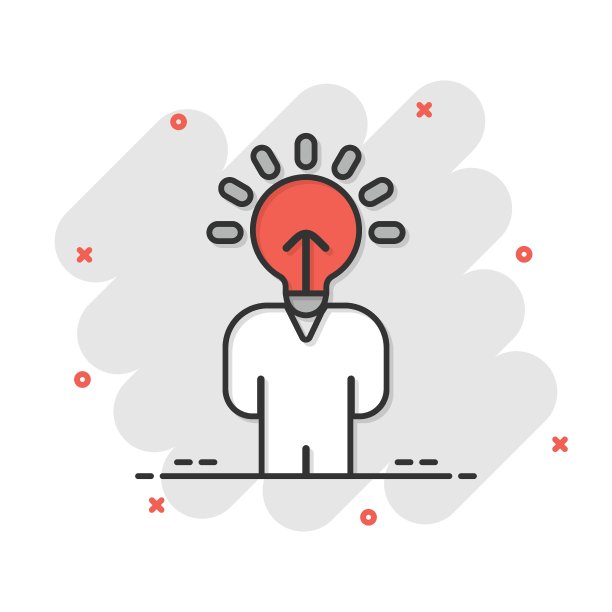 漫画风格的灯泡图标。想法卡通矢量集合插图上白色孤立的背景。脑脑飞溅效应经营理念。图片下载